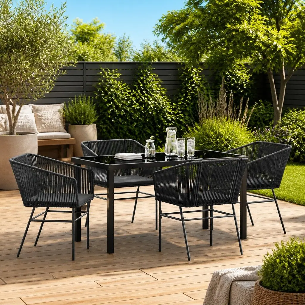 Garden Dining Set 5 Piece Outdoor Furniture Rectangular Table Cushioned Chairs Black Steel Frame Tempered Glass