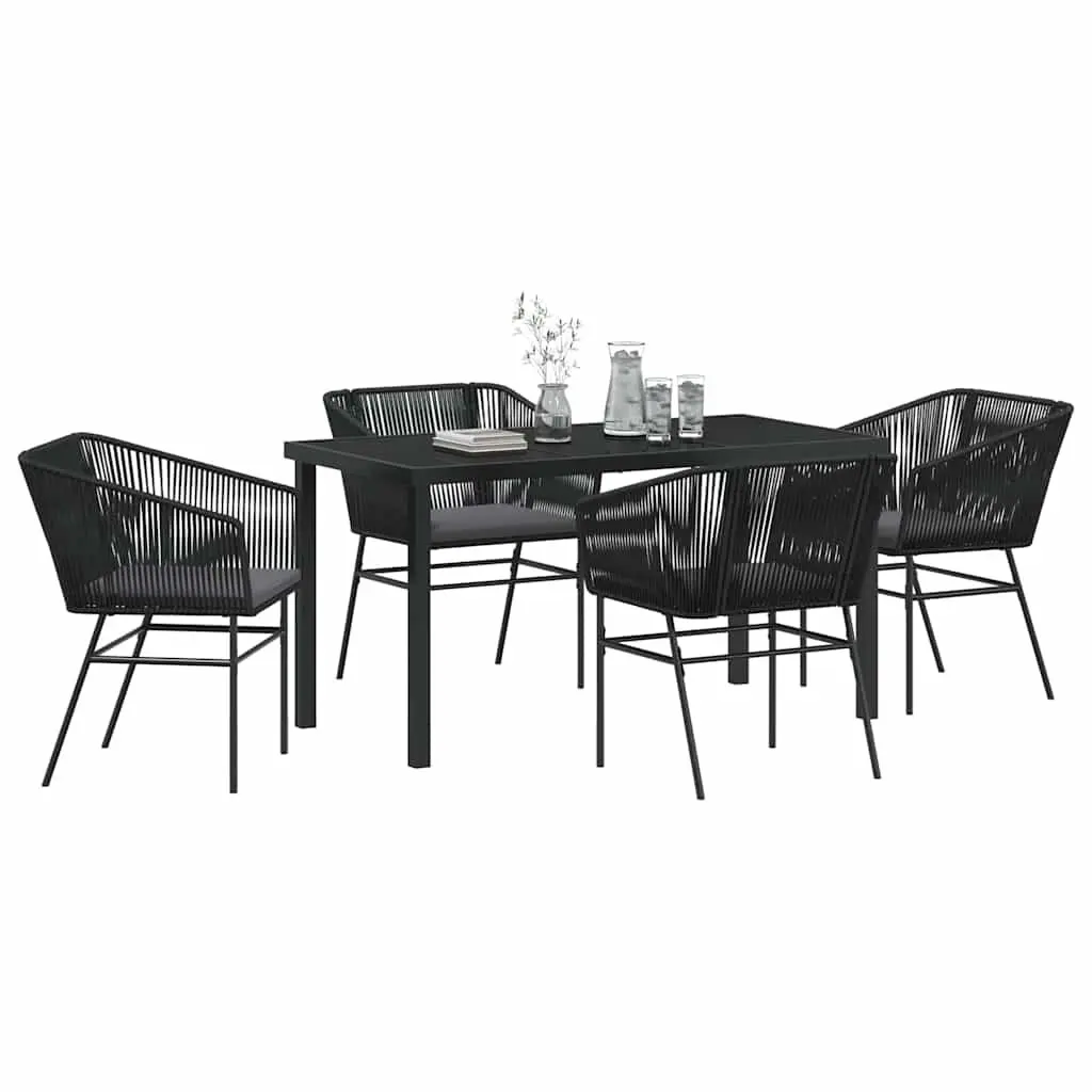 Garden Dining Set 5 Piece Outdoor Furniture Rectangular Table Cushioned Chairs Black Steel Frame Tempered Glass
