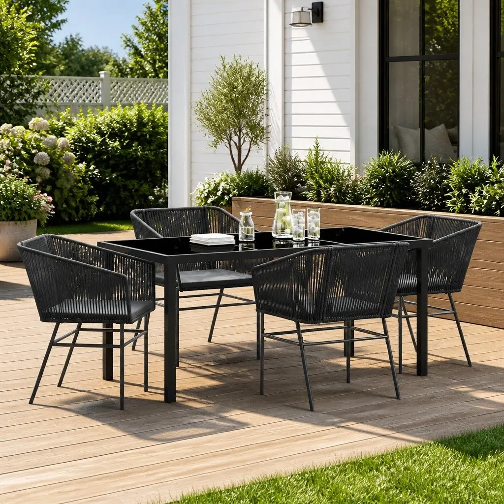 Garden Dining Set Outdoor Furniture 5 Piece Rectangular Black Steel Frame with Cushions