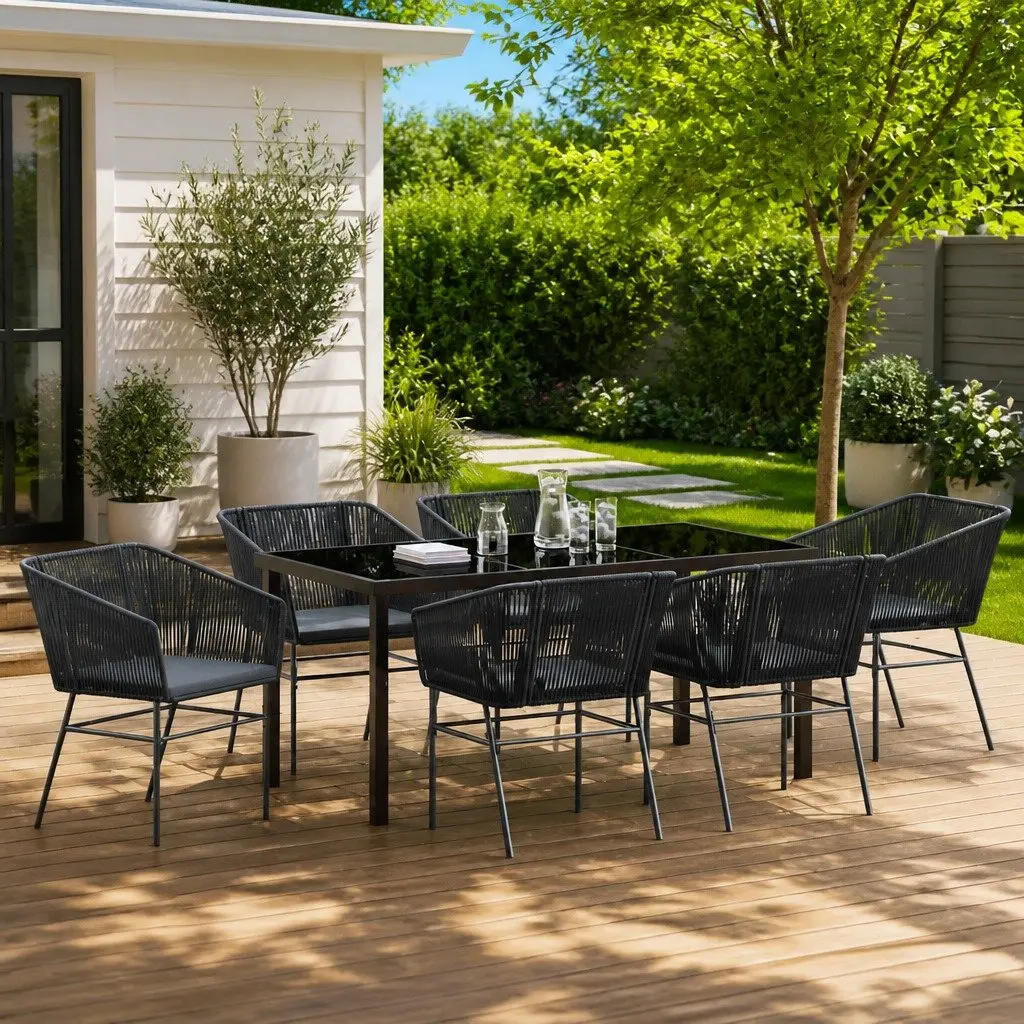 Garden Dining Set 7 Pieces Outdoor Furniture Rectangular Table with Cushions Black Steel