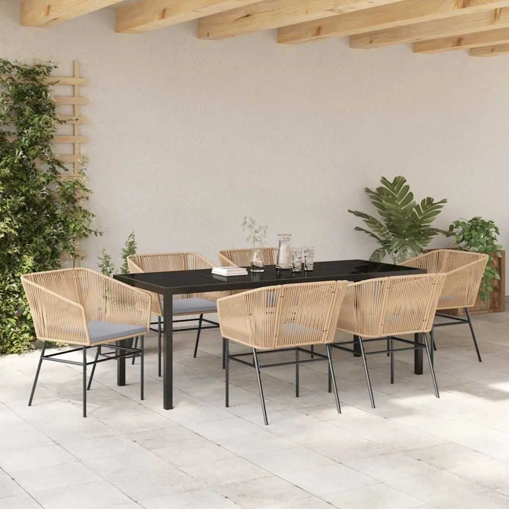 Garden Dining Set 7 Piece Outdoor Furniture Rectangular Table Tempered Glass Top Brown