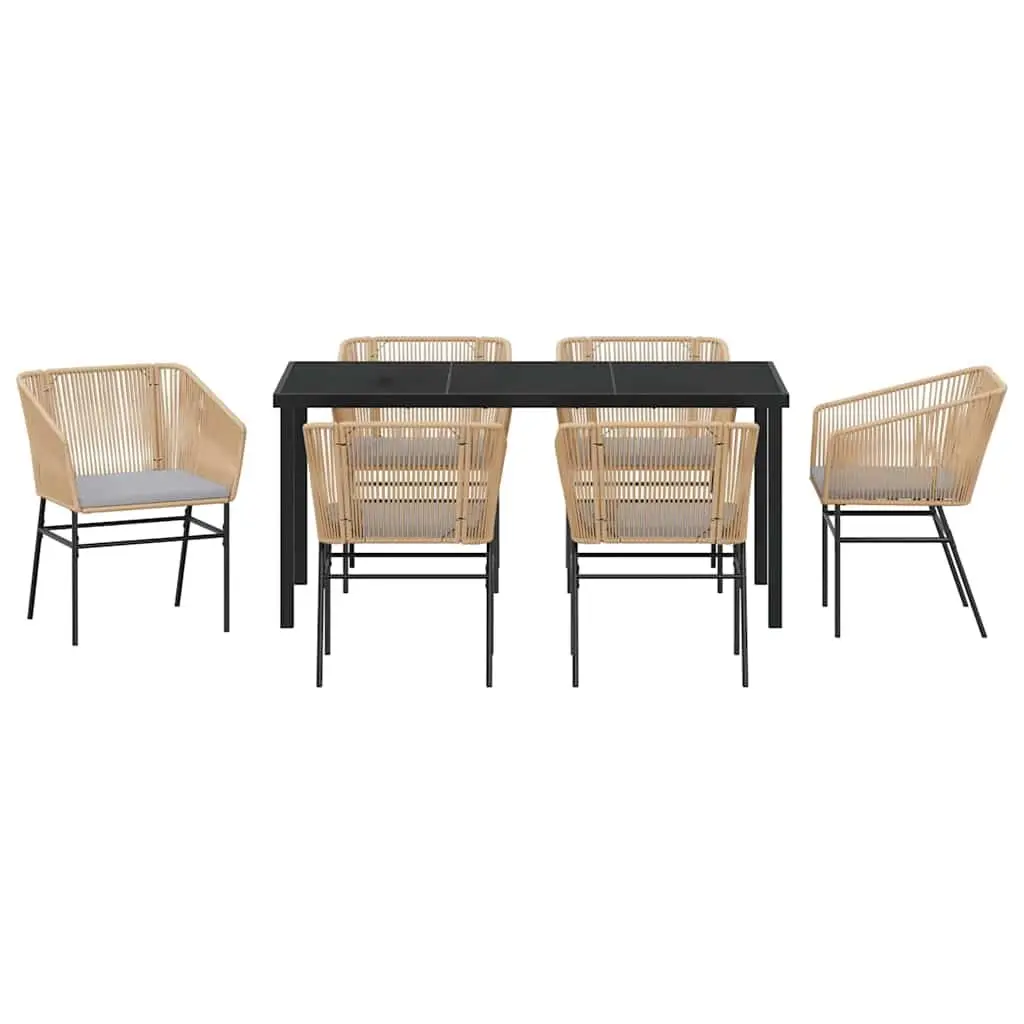 Garden Dining Set 7 Piece Outdoor Furniture Rectangular Table Tempered Glass Top Brown