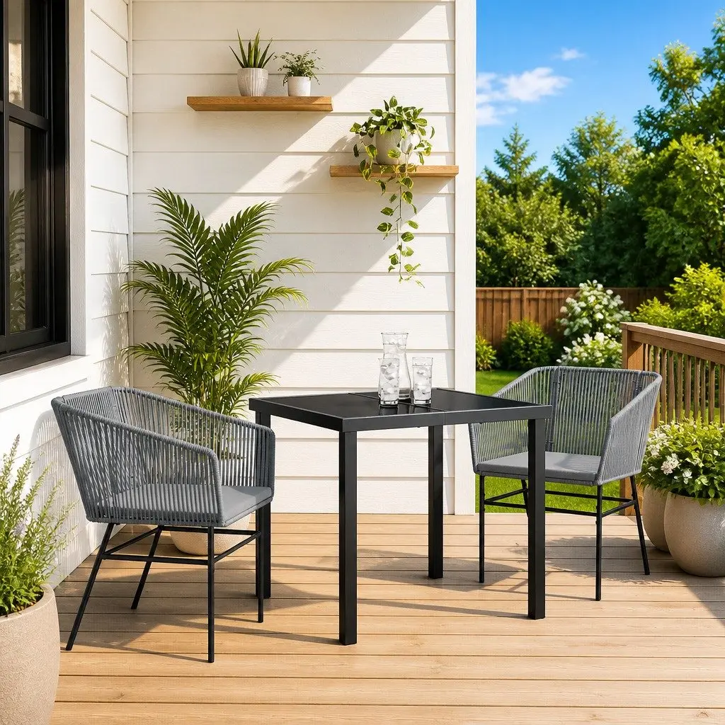 Garden Dining Set Outdoor Furniture 3 Pieces Rectangular Grey Powder-Coated Steel