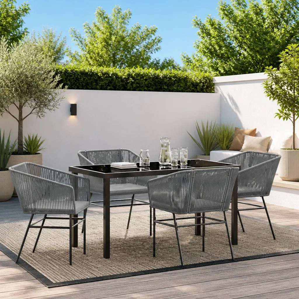 Garden Dining Set 5 Piece Outdoor Furniture Rectangular Table with Tempered Glass Top and Four Chairs with Cushions Grey Steel