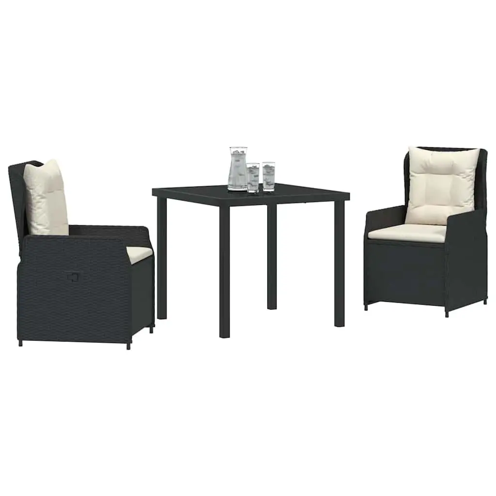 Garden Dining Set 3 Piece Outdoor Furniture Adjustable Backrest Black Poly Rattan