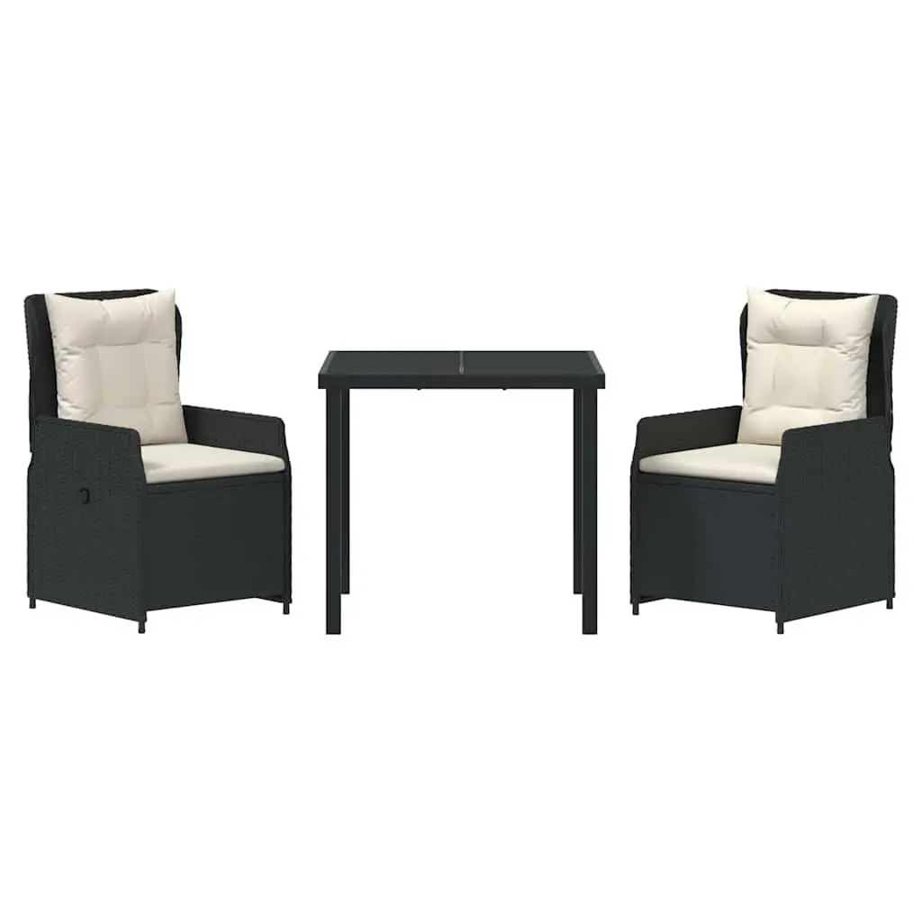 Garden Dining Set 3 Piece Outdoor Furniture Adjustable Backrest Black Poly Rattan