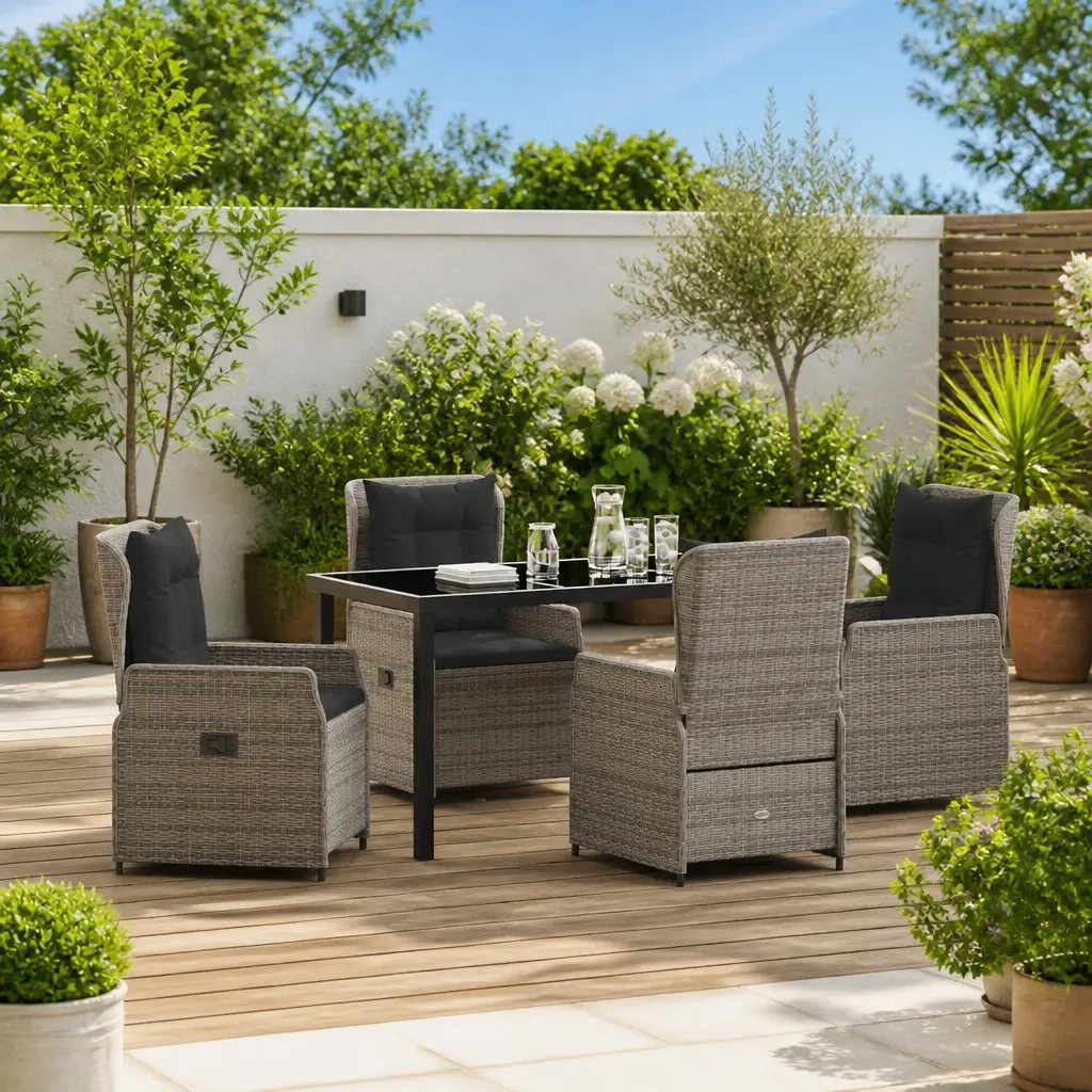 Garden Dining Set 5 Piece Outdoor Furniture Grey Poly Rattan Table Chairs