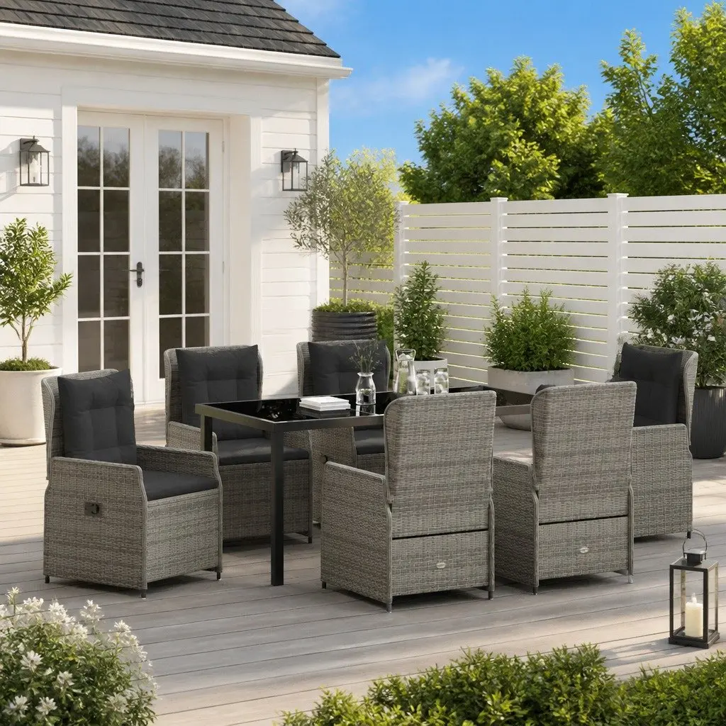 Outdoor Dining Set 7 Piece Garden Table Chairs Grey Poly Rattan