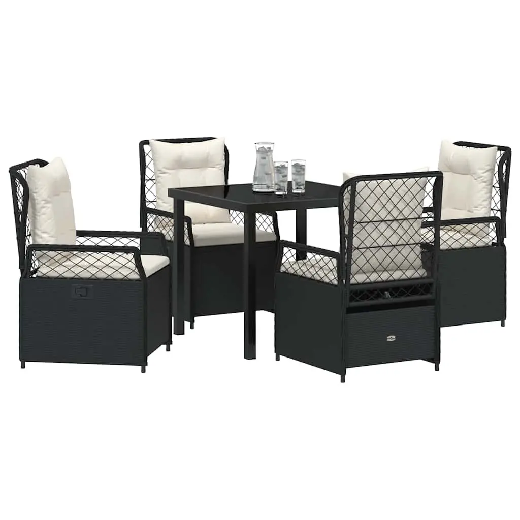 Garden Dining Set 5 Pieces Outdoor Furniture Table with Tempered Glass Top and 4 Poly Rattan Chairs in Black