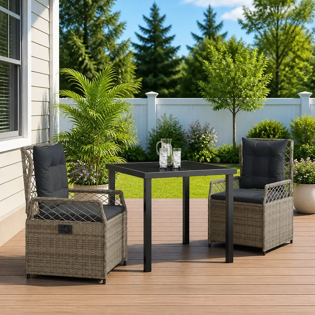 Garden Dining Set 3 Piece Outdoor Furniture Table Chairs Grey Poly Rattan