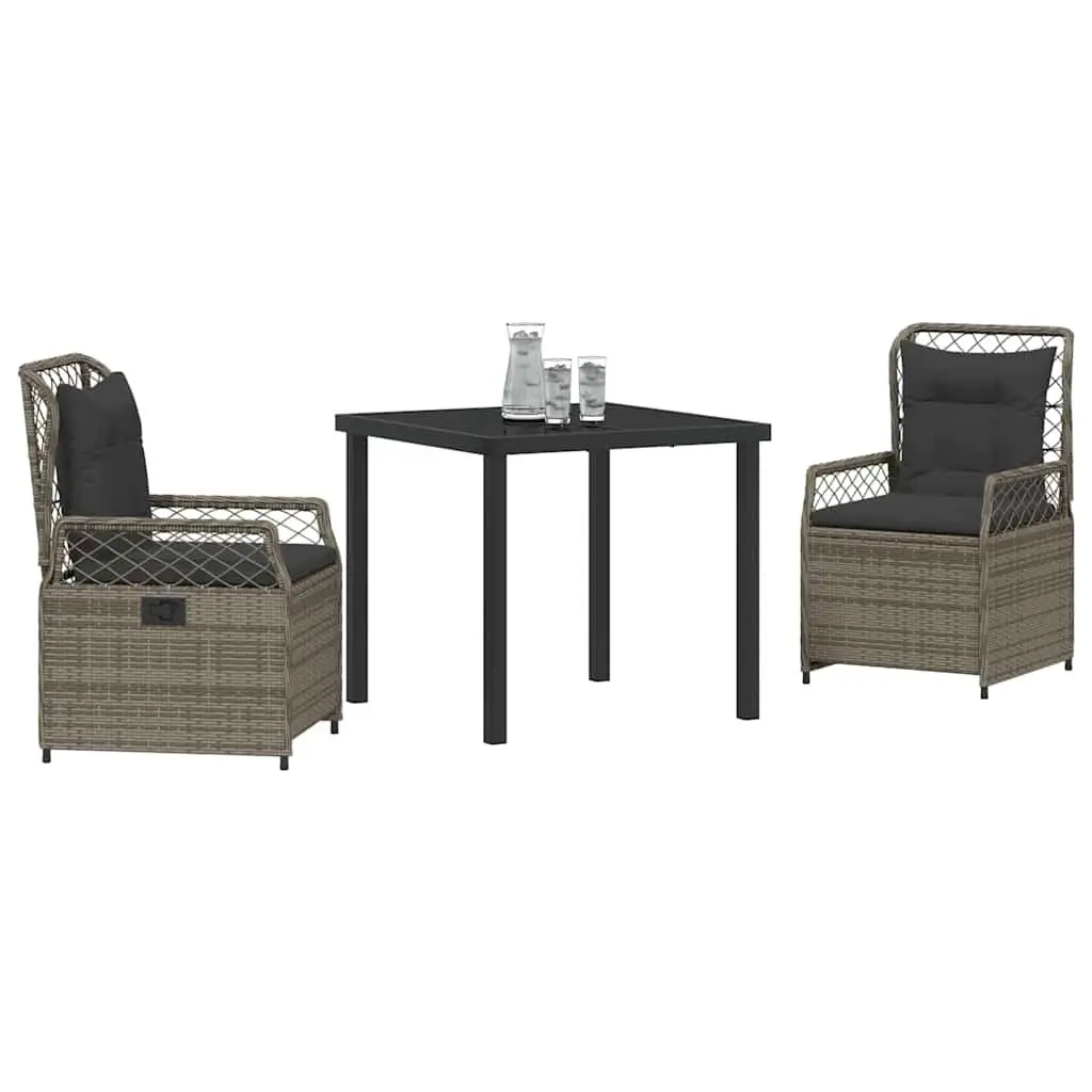 Garden Dining Set 3 Piece Outdoor Furniture Table Chairs Grey Poly Rattan