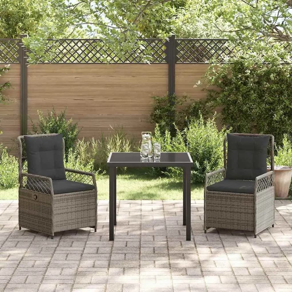 Garden Dining Set 3 Piece Outdoor Furniture Table Chairs Grey Poly Rattan