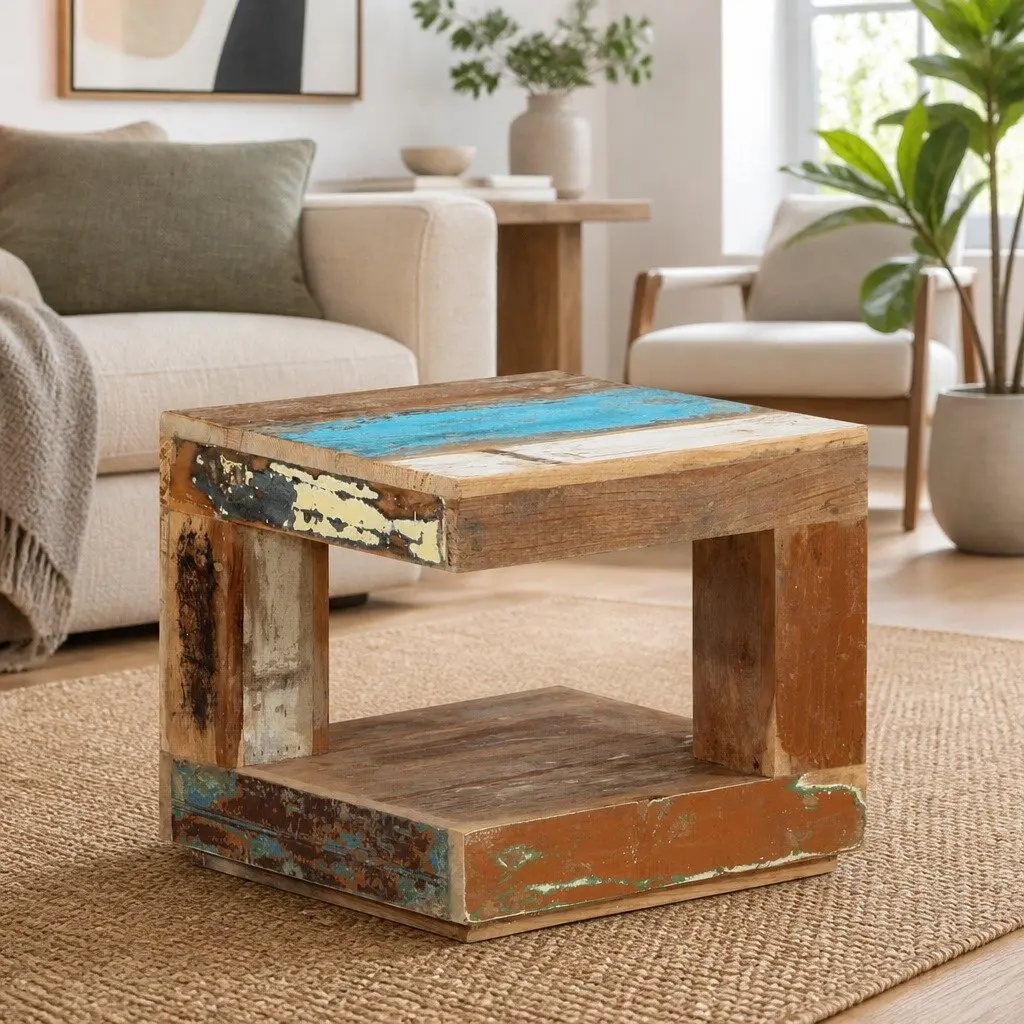 Reclaimed Wood Coffee Table Accent Table Brown 45x45x40cm Handmade Solid Living Room Side Table