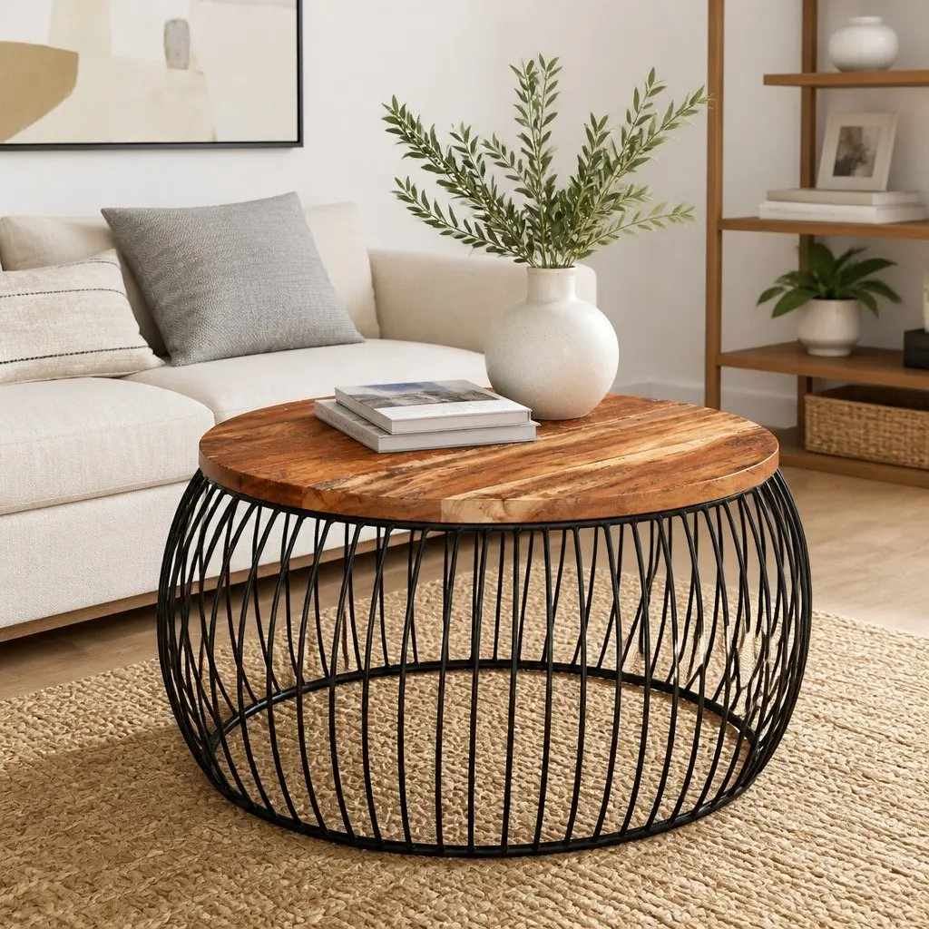 Coffee Table Ø68cm Solid Reclaimed Wood Handmade Vintage Side Table Accent