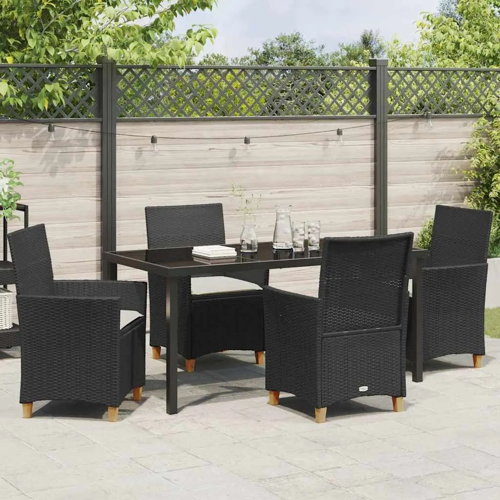 Garden Dining Set 5 Piece Black Steel Frame Glass Top Poly Rattan Outdoor Furniture
