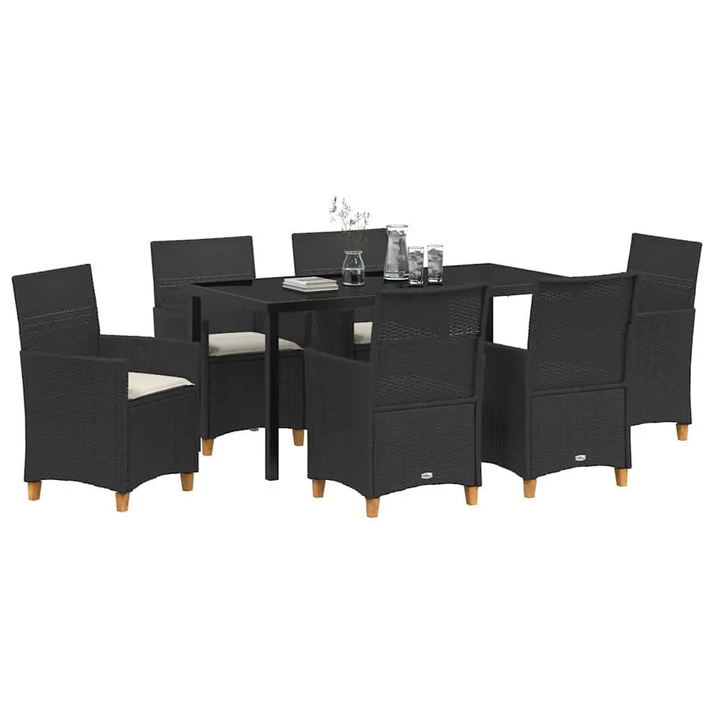Garden Dining Set 7 Pieces Outdoor Furniture Poly Rattan Steel Glass Top Black