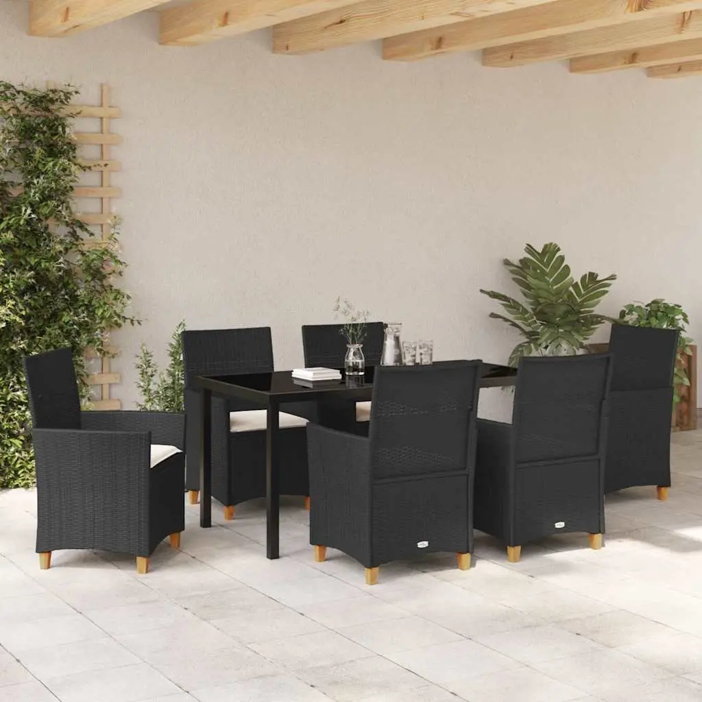 Garden Dining Set 7 Pieces Outdoor Furniture Poly Rattan Steel Glass Top Black