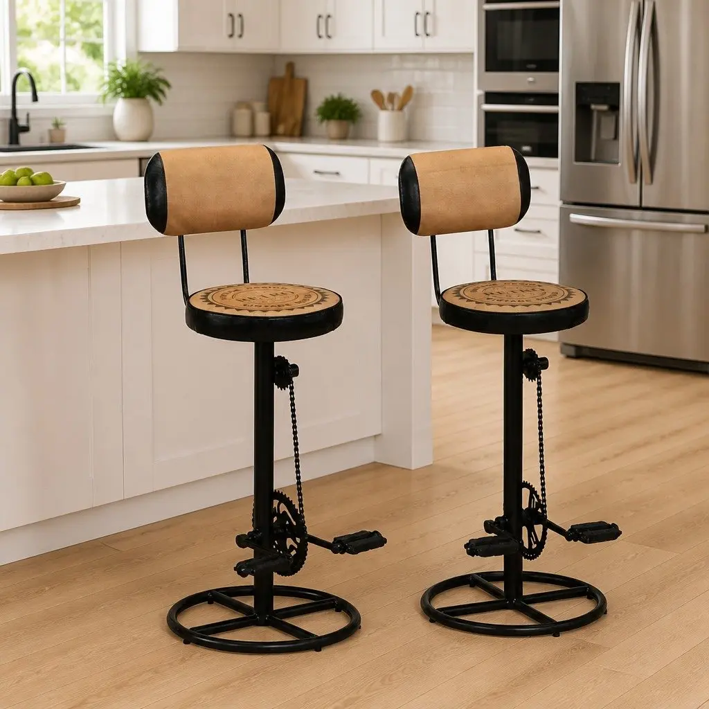 Bar Stools with Canvas Print Padded Seat Backrest Iron Frame Brown 2 pcs