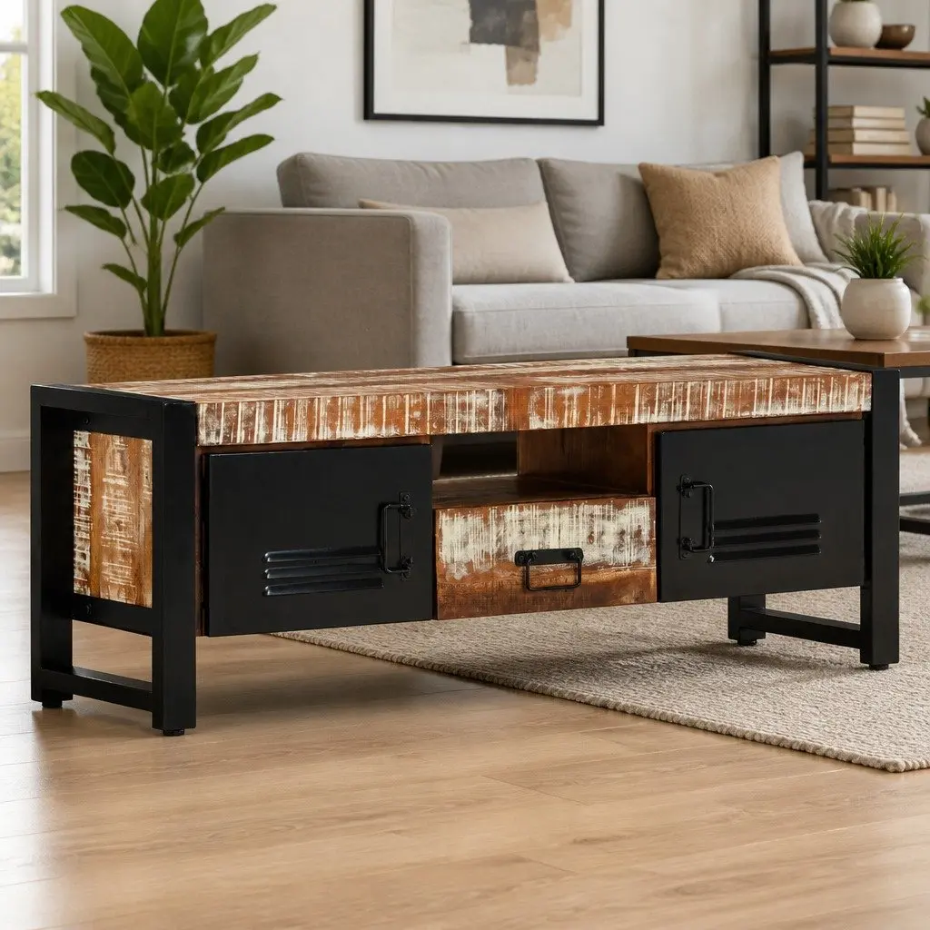 Reclaimed Wood TV Stand Storage Unit 120x30x40cm with 3 Compartments and Drawer Multi Colour