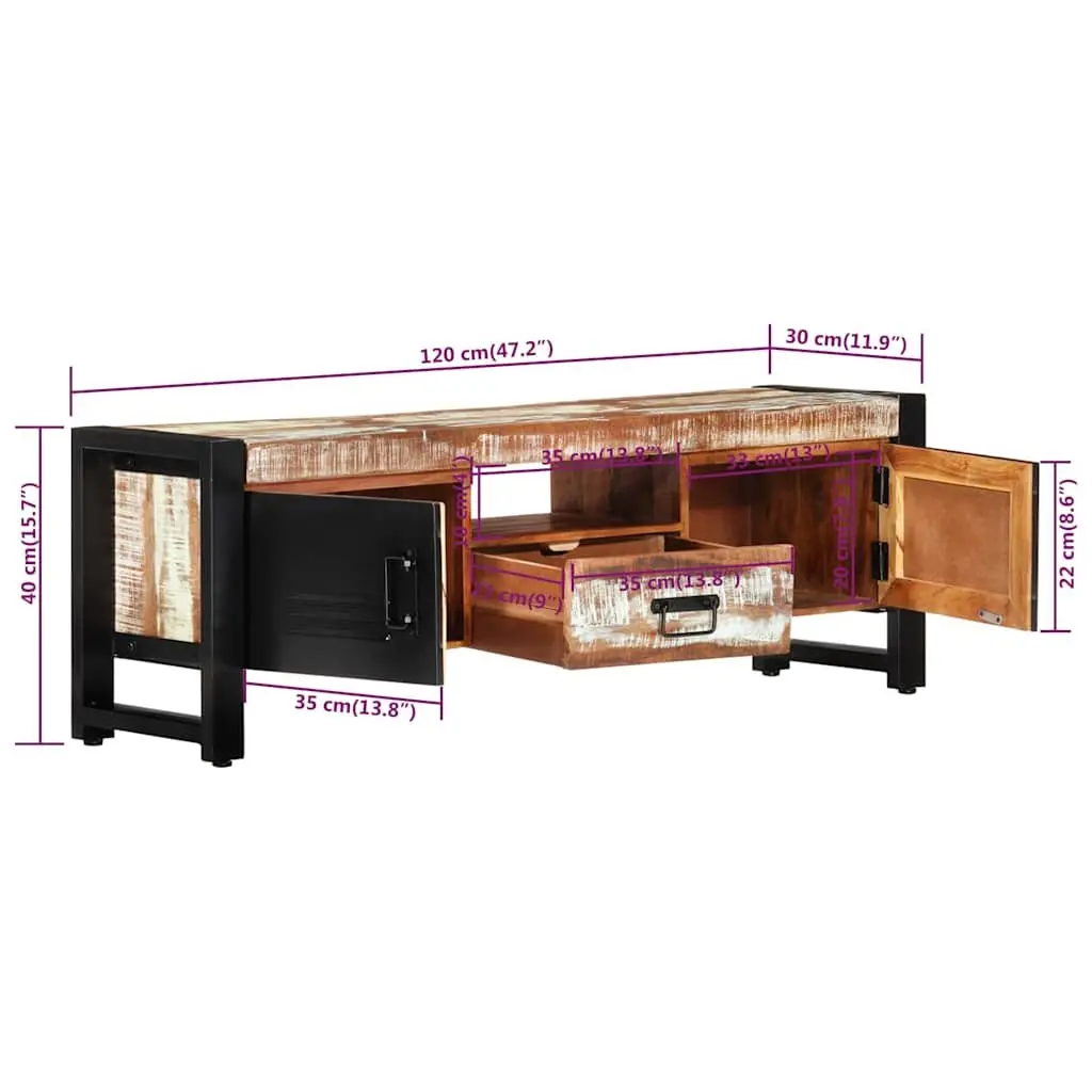 Reclaimed Wood TV Stand Storage Unit 120x30x40cm with 3 Compartments and Drawer Multi Colour
