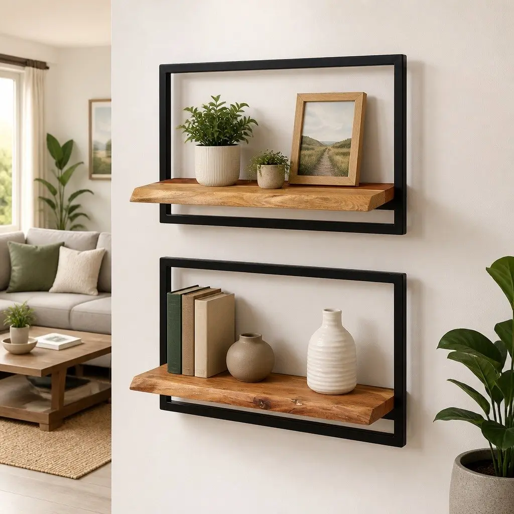 Wooden Wall Shelves Floating Storage Display 60 x 25 x 35 cm Brown Acacia 2 Piece