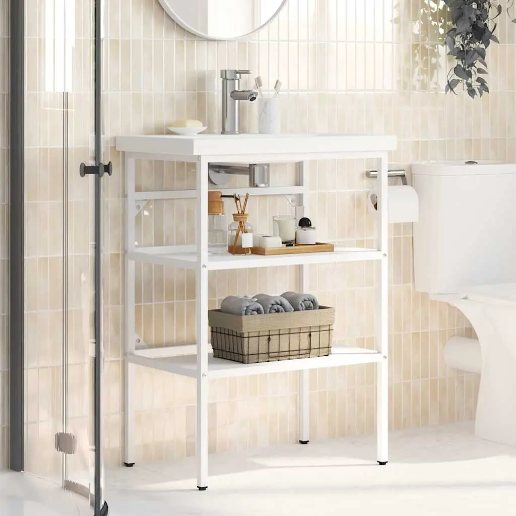 Bathroom Washbasin Frame White Storage Vanity Unit Iron Console Stand