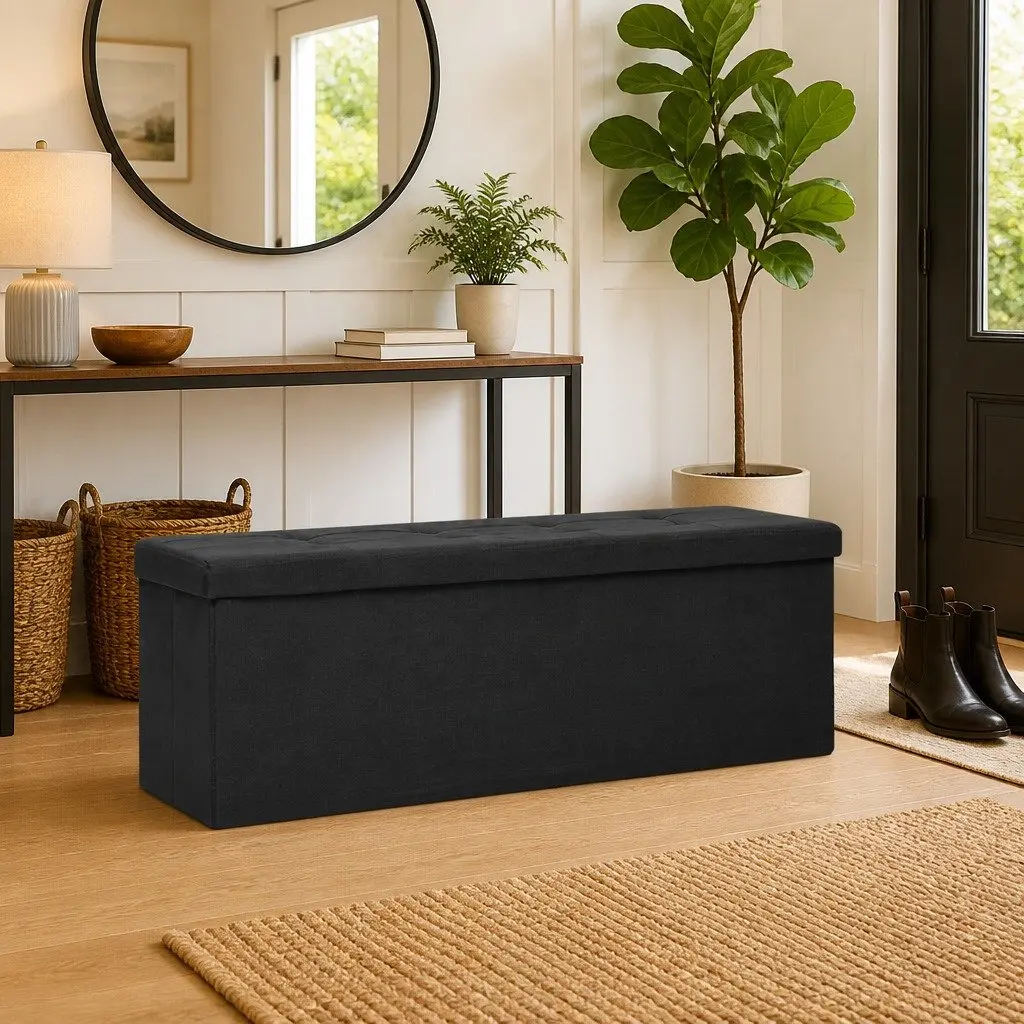 Storage Ottoman Bench Black Faux Linen Foldable Seat Container for Hallway