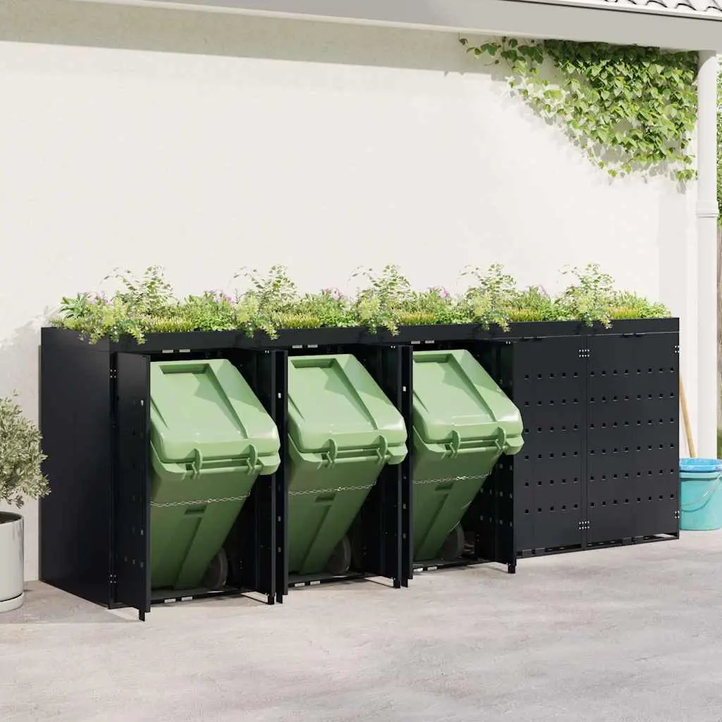 Wheelie Bin Storage Outdoor Garden Waste 5 Bins Black 340 x 77.5 x 121.5 cm