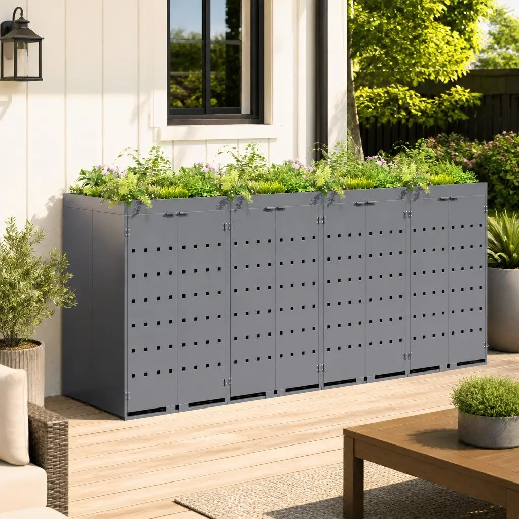 Wheelie Bin Storage 4 Bins Light Grey Outdoor Garden Waste Container Enclosure