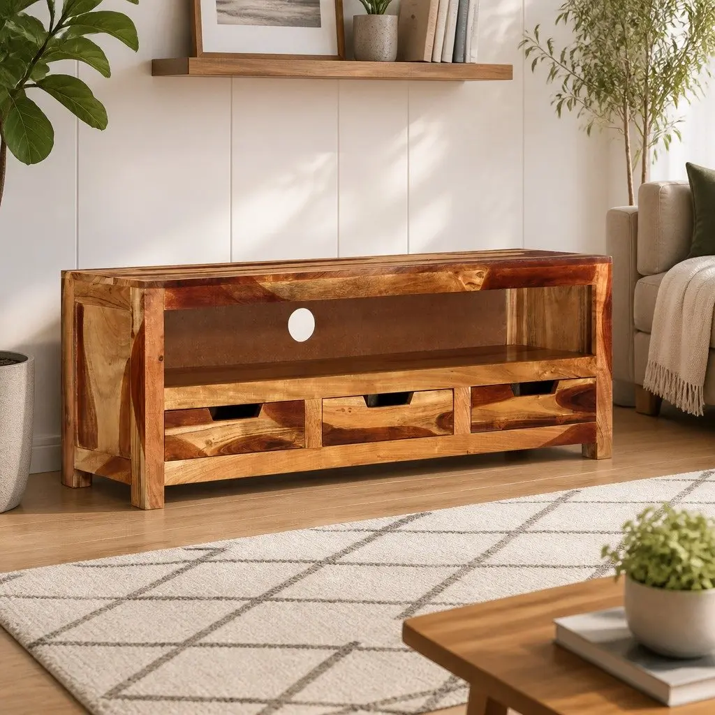 Brown Acacia TV Cabinet 110cm with Drawers