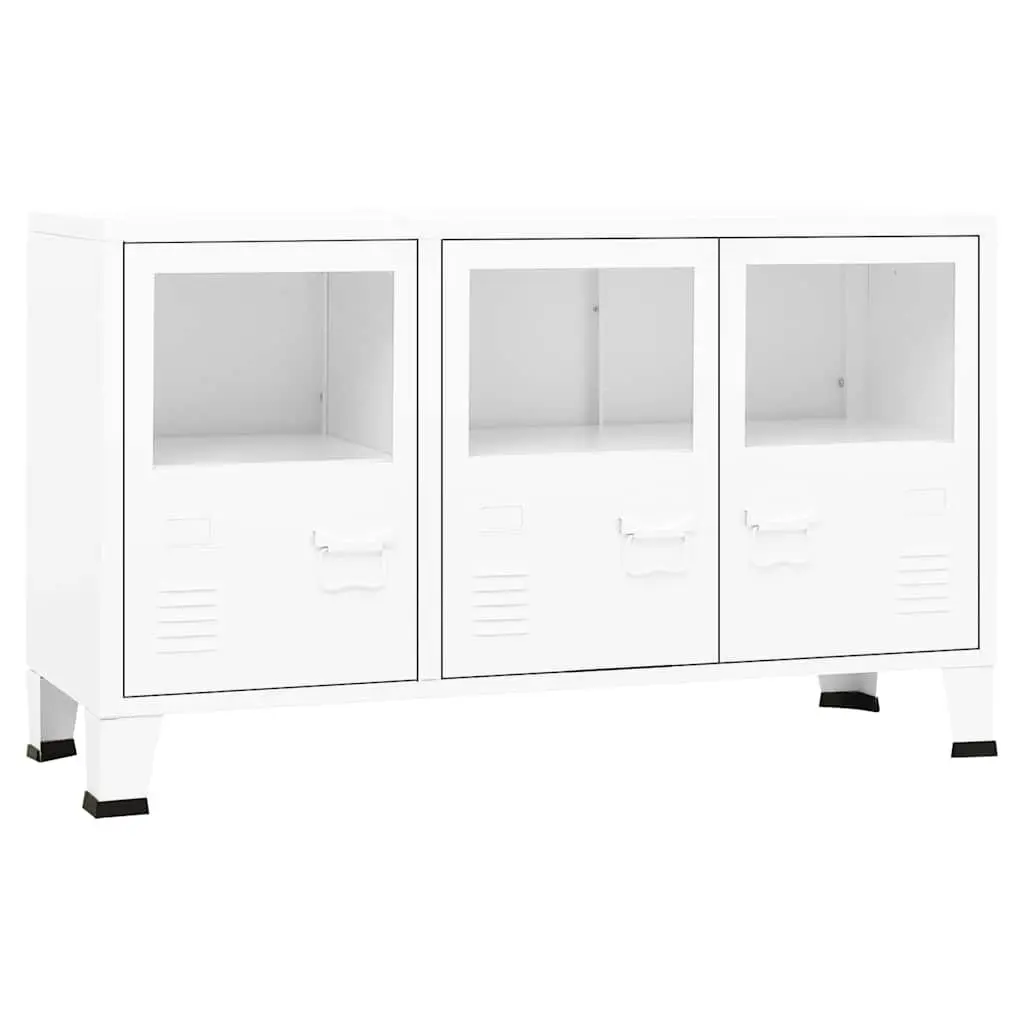 Industrial Sideboard White Storage Cabinet Glass Door Metal Frame Shelving Unit