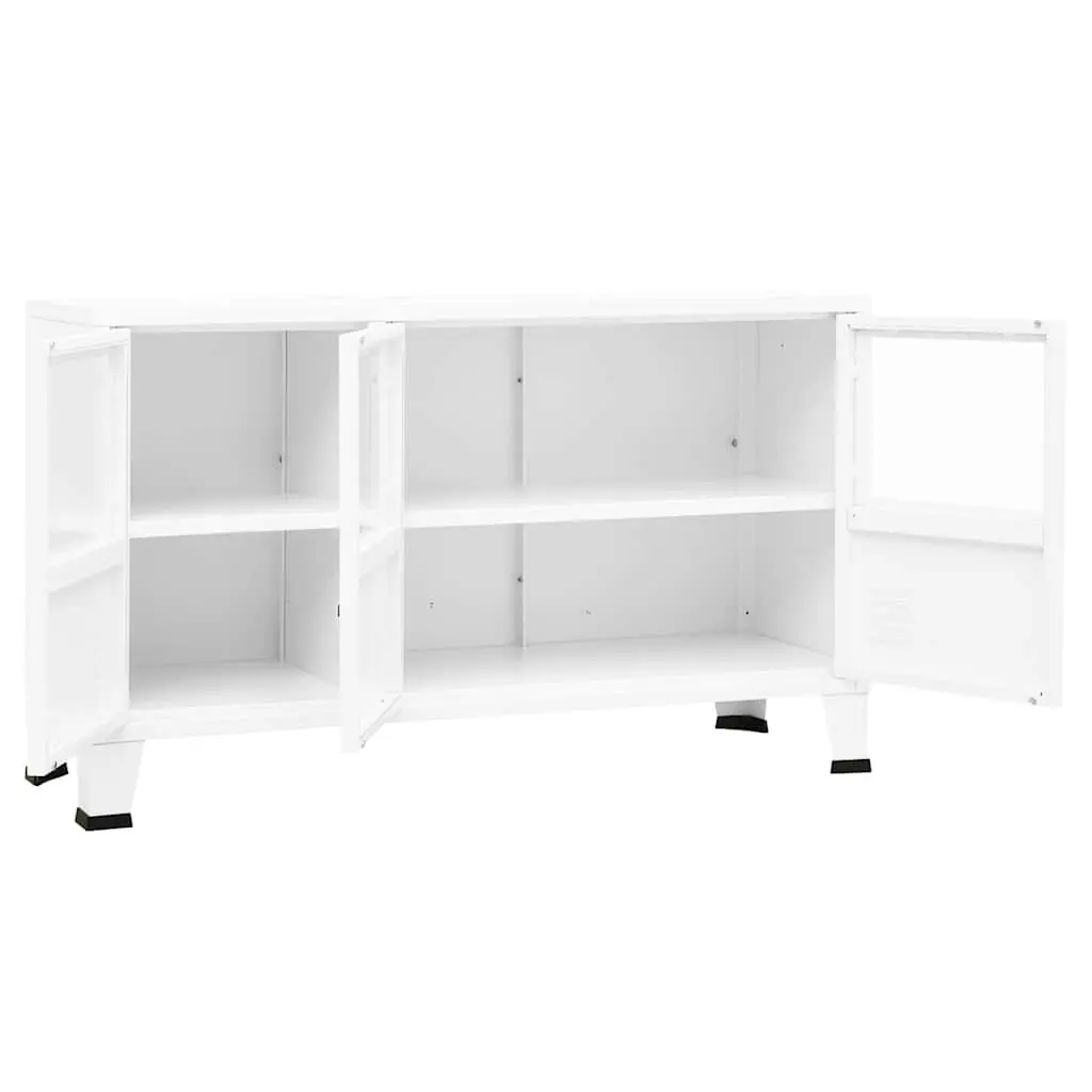 Industrial Sideboard White Storage Cabinet Glass Door Metal Frame Shelving Unit