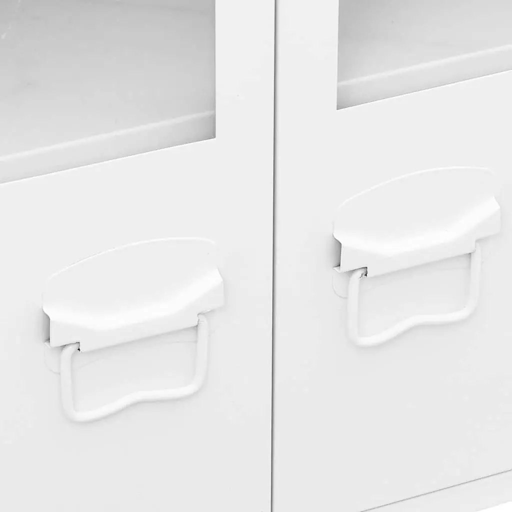 Industrial Sideboard White Storage Cabinet Glass Door Metal Frame Shelving Unit