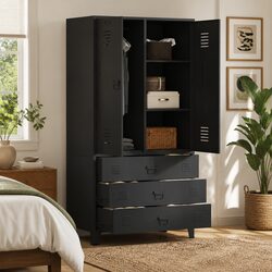 Industrial Metal Wardrobe Storage Cabinet Cupboard Black 90x50x180cm 2 Shelves