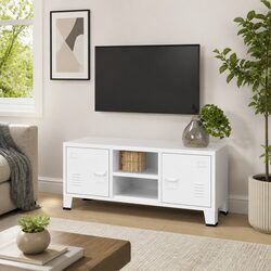 Industrial TV Cabinet White Metal Storage Unit with Doors Shelf Media Console