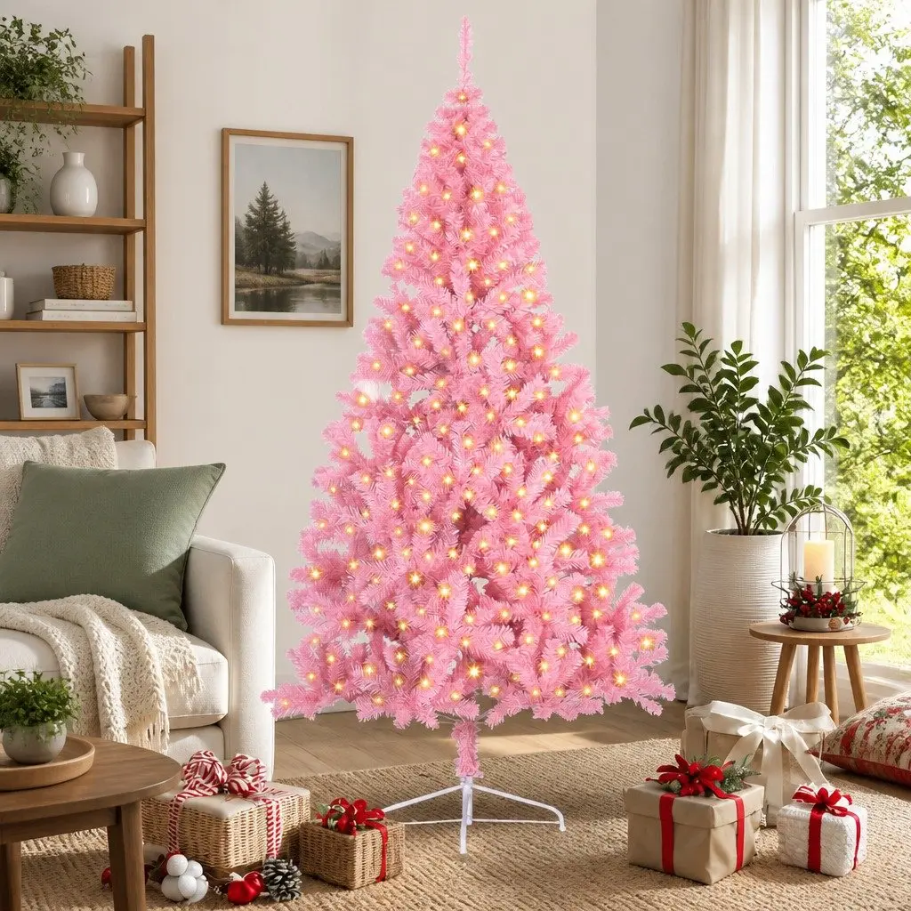 Artificial Pre-lit Christmas Tree 210cm Cone Shape Pink Indoor Outdoor