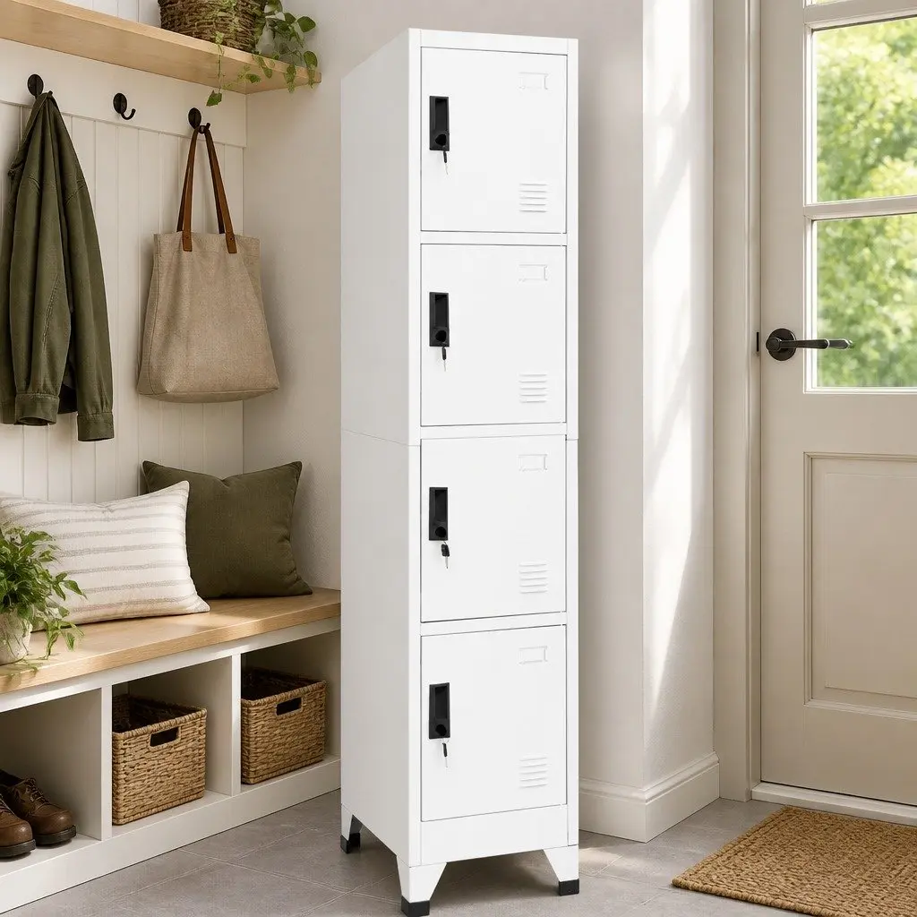 Steel Locker Cabinet White Storage Compartment Lockable Doors 38W x 45D x 180H cm