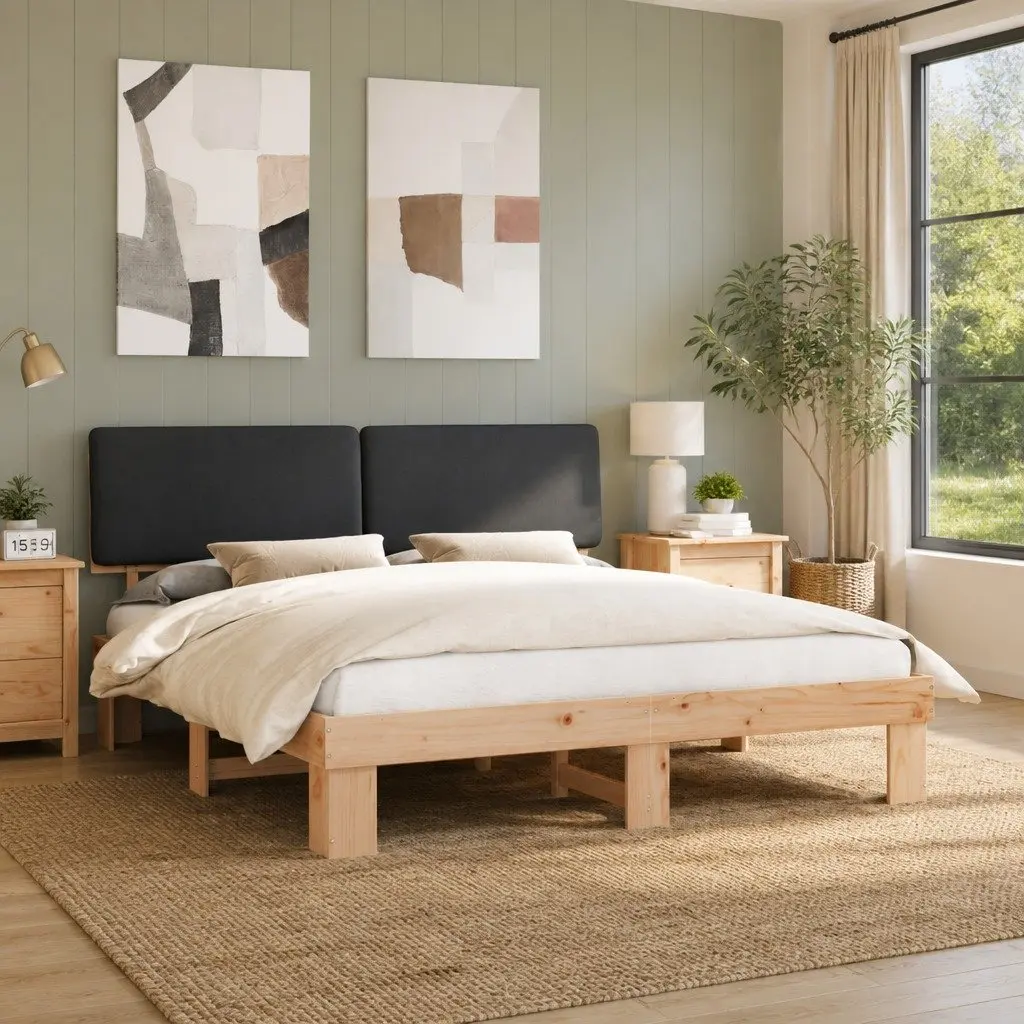Bed Frame Upholstered Headboard 180x200cm Platform Slatted Base Grey