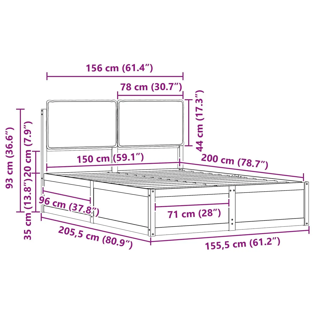 Grey Upholstered Bed Frame 150x200cm Modern Headboard Solid Pine Wood Platform