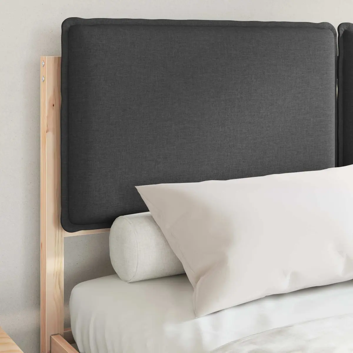 Grey Upholstered Bed Frame 150x200cm Modern Headboard Solid Pine Wood Platform