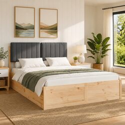 Bed Frame with Upholstered Headboard Grey 135 x 190 cm Platform Slatted Base