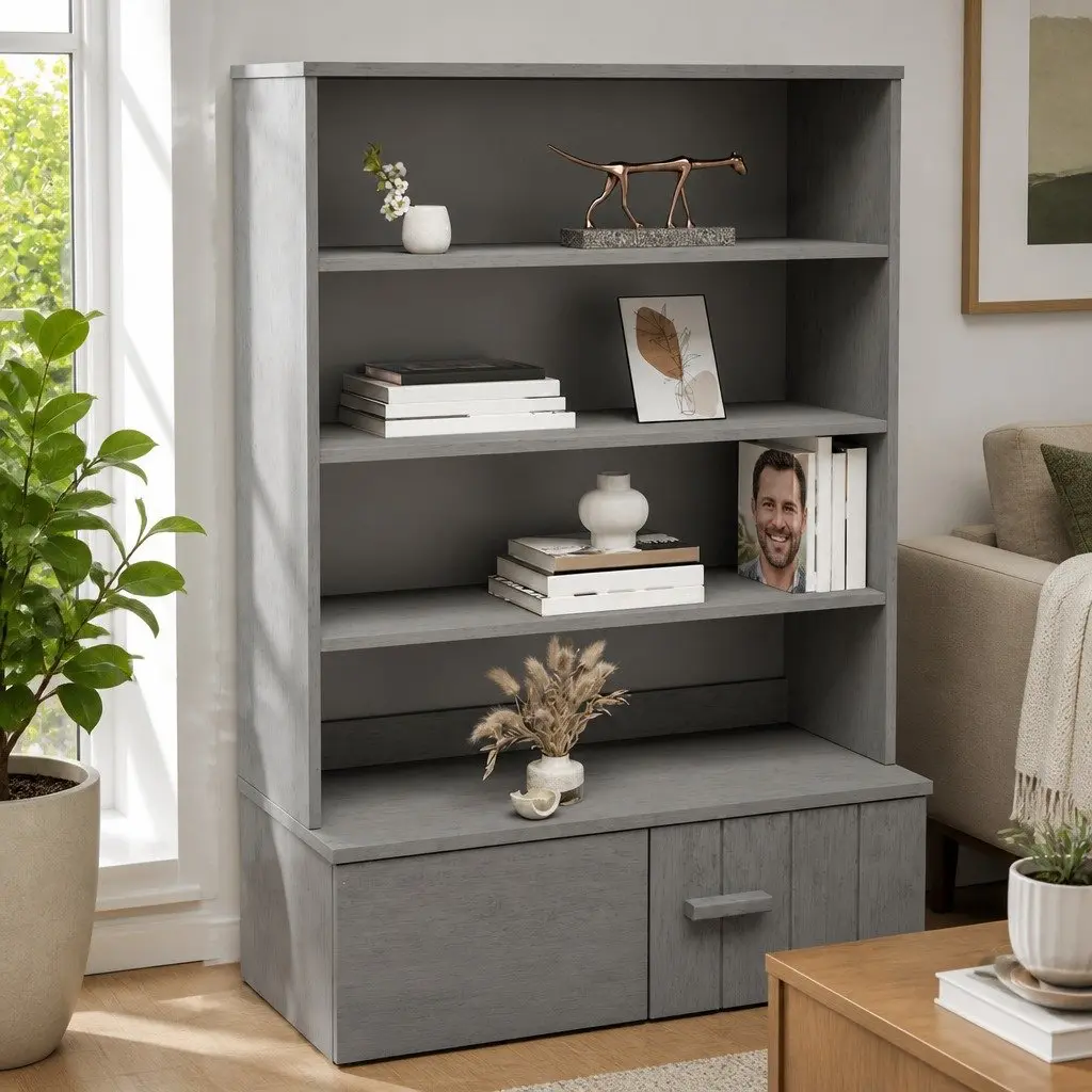 Grey Solid Pine Wood Highboard Cabinet 90x30x100cm