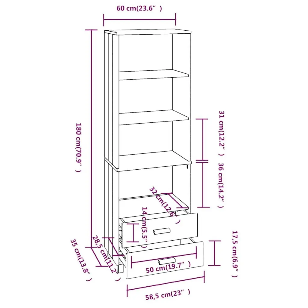 Highboard Light Grey Solid Pine Wood Storage 60x35x180 cm