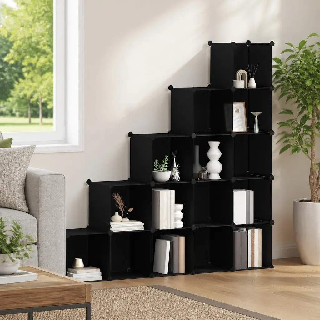 Modular Storage Organiser Black Plastic 15 Cube Shelving Unit for Home Office