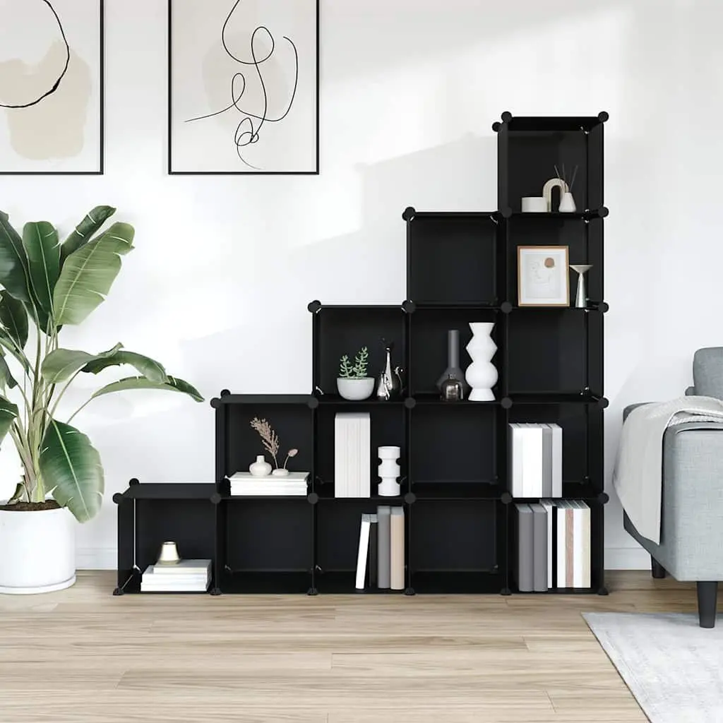 Modular Storage Organiser Black Plastic 15 Cube Shelving Unit for Home Office