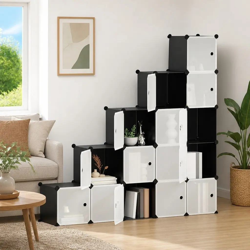 Storage Cube Organiser Modular Closet Shelf Unit 15 Cubes with Doors Black