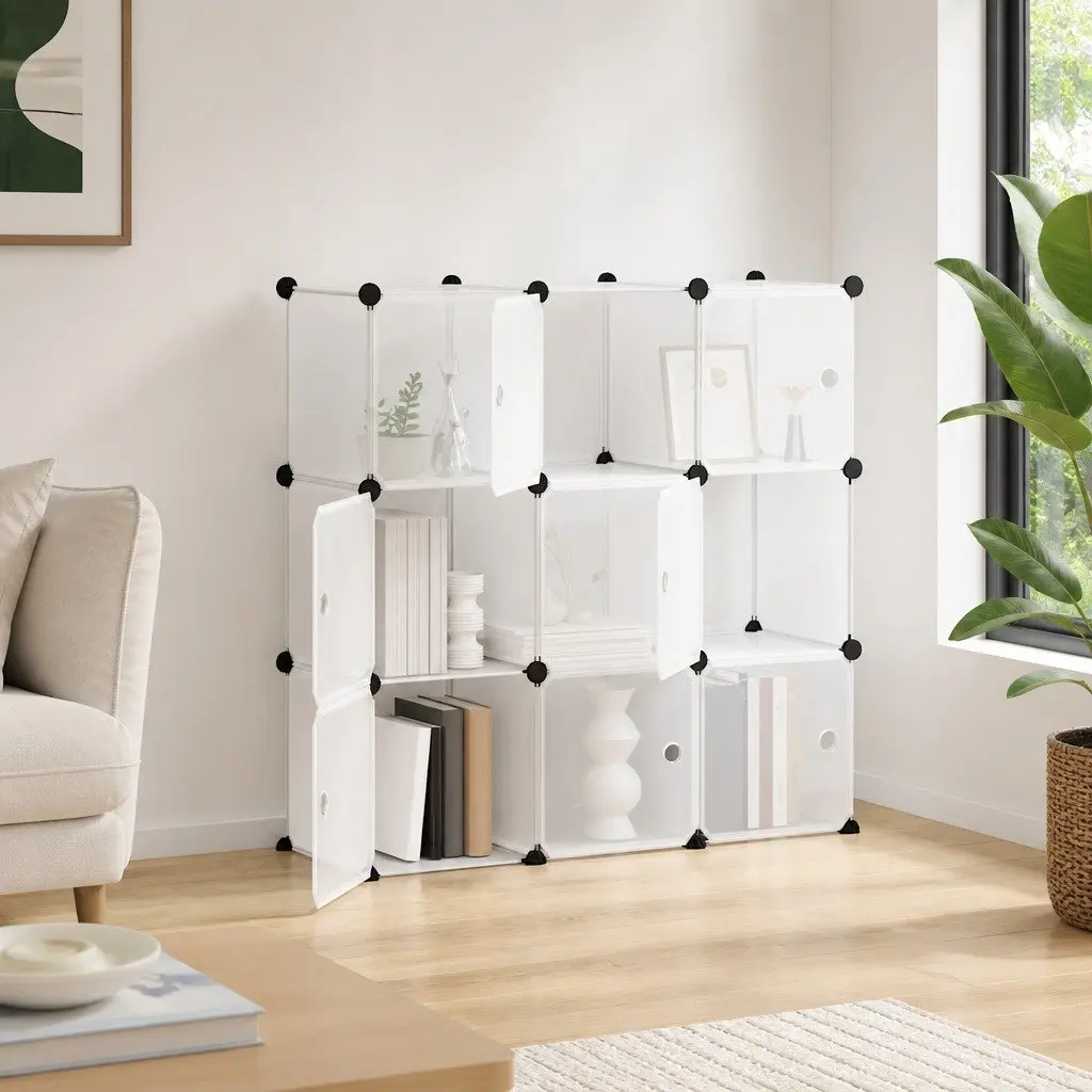 Storage Cube Organiser with 9 Cubes and Doors Transparent Plastic Shelving Unit
