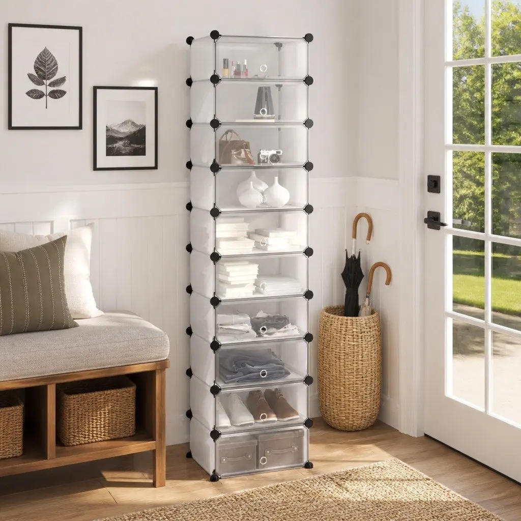 Shoe Rack Storage Organiser 44x32x174cm Transparent PP Plastic Shelving Unit