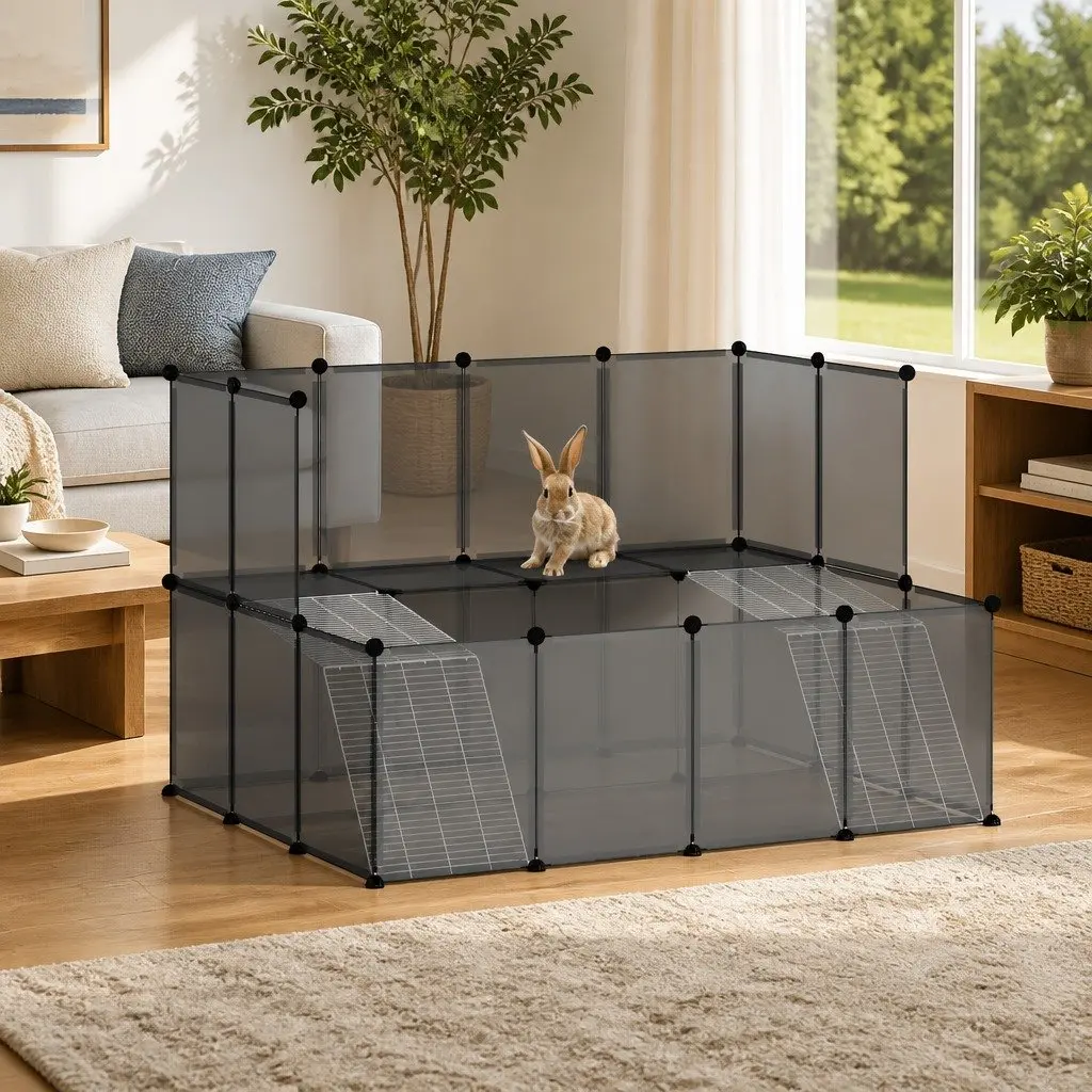 Small Animal Cage Enclosure Pen 143x107x93 cm for Rabbits Guinea Pigs Hamsters Black