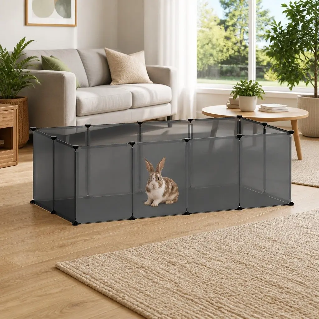 Small Animal Cage Enclosure Black PP Plastic Steel Frame for Puppies Kittens Bunnies 144 x 74 x 46.5 cm